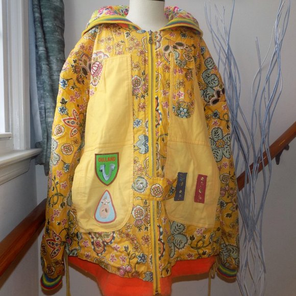 Paisley Floral Puffer Patch Hooded Coat Size Large/XL Yellow Orange Multicolor - Picture 5 of 6